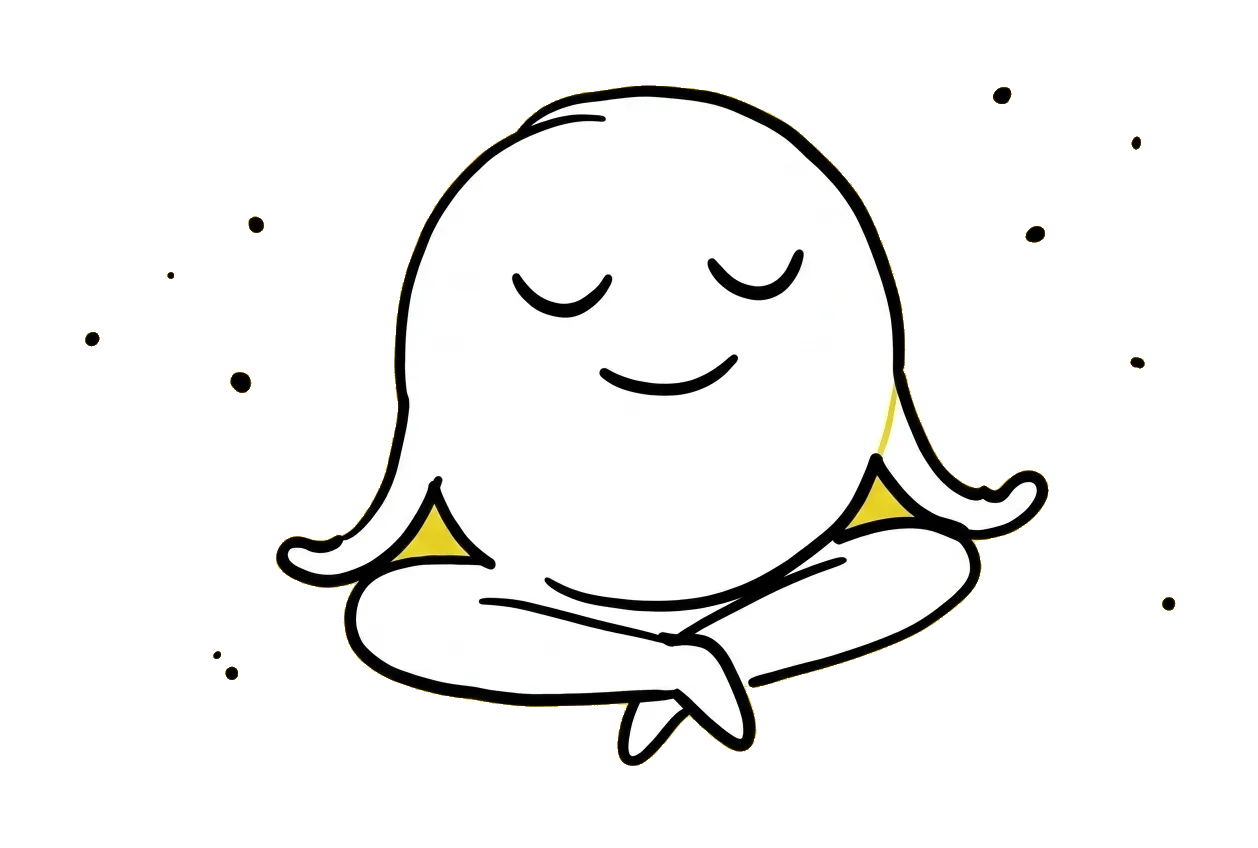 Illustrazione della mascotte di FunzionaBene: una figura bianca e sorridente, a occhi chiusi, seduta a gambe incrociate in posa di meditazione, con piccoli puntini neri intorno